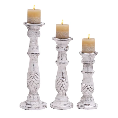 White Mango Wood Traditional Distressed Candle Holder Set