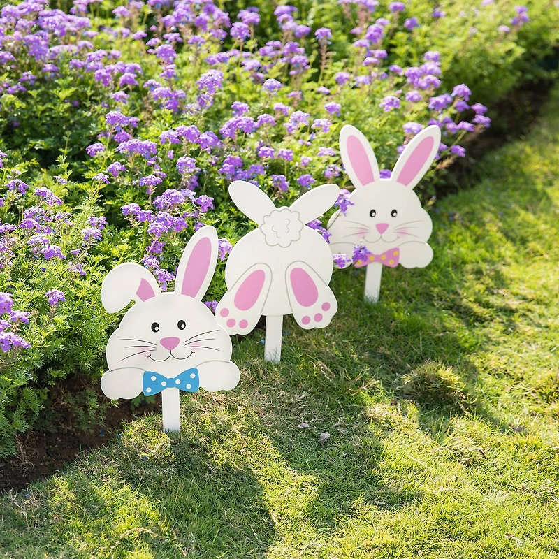 Glitzhome® 15" Set of 3 Easter Wooden Bunny Pick or Yard Stake