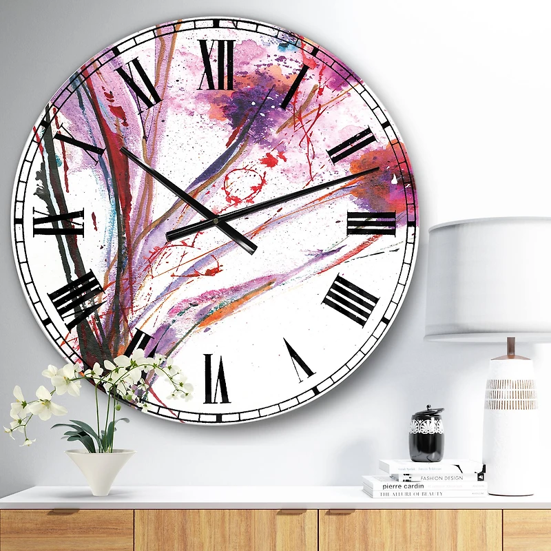 Designart 'Abstract Purple Handpainted Flowers Traditional Wall Clock