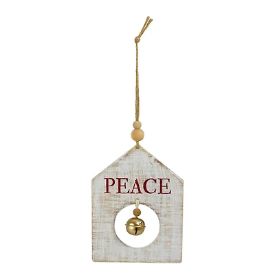 Rustic Wooden "Peace" with Bell Christmas Tag Ornament - 8" - Gold and White