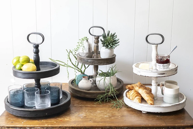 Hello Honey® 18.5" Distressed Cream Wood 2-Tier Tray