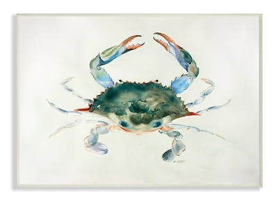 Stupell Industries Blue Sea Crab Over Beige Soft Watercolors Wood Wall Plaque