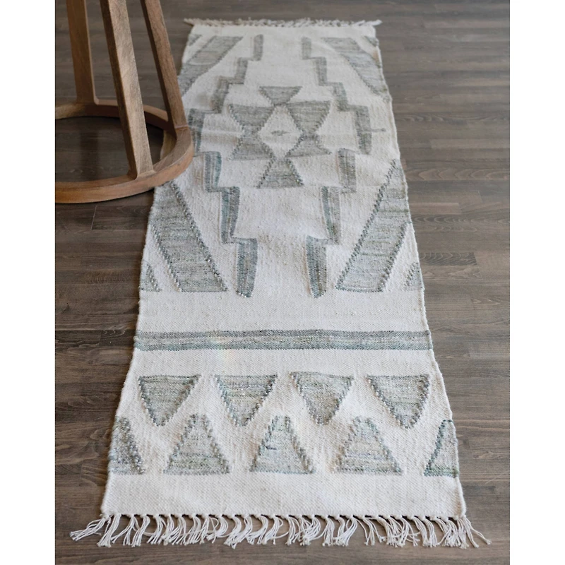 Hello Honey® Green & Cream Cotton & Wool Kilim Floor Runner, 8ft. x 2ft.