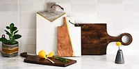 Hello Honey® 12" White and Natural Boho 2-Tone Marble and Acacia Wood Charcuterie or Cutting Board with Brass Inlay and Leather Tie