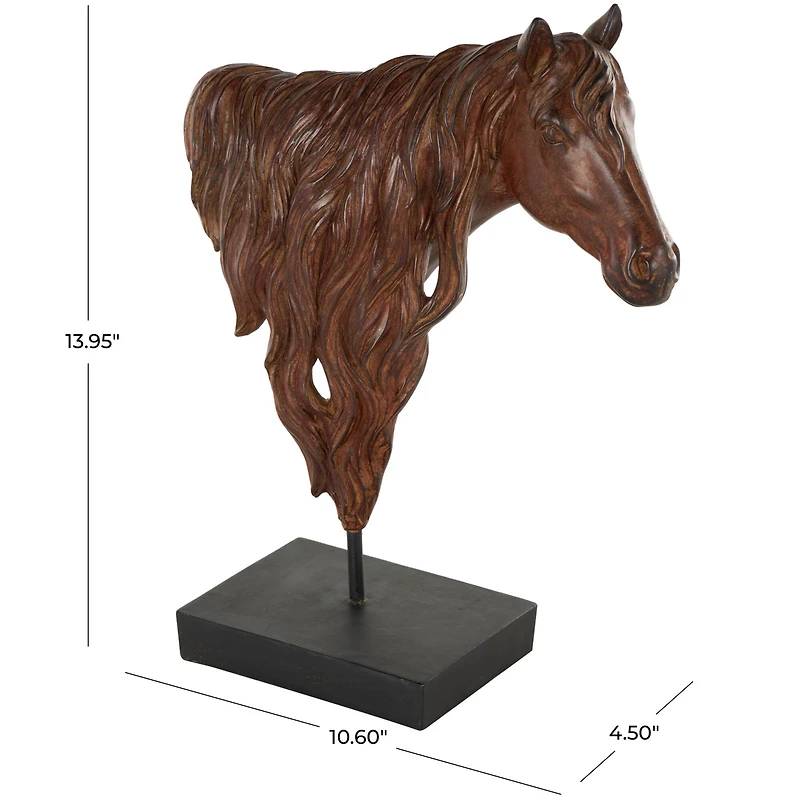 14" Dark Brown Ceramic Horse Head Sculpture with Black Rectangle Base