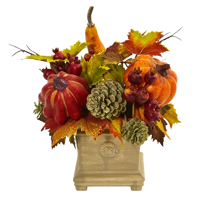 11" Pumpkin, Gourd, Berry & Maple Leaf Arrangement
