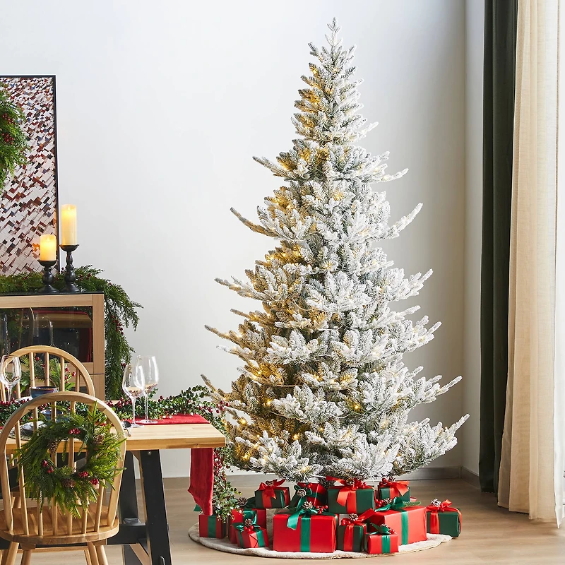 Glitzhome® 7.5ft Pre-Lit Flocked Upward Slim Fir Artificial Christmas Tree, Warm White LED Lights