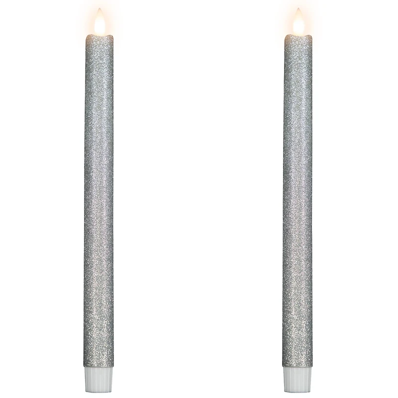 LED Flameless Flickering Taper Glittered Christmas Candles - 11" - Silver - Set 2