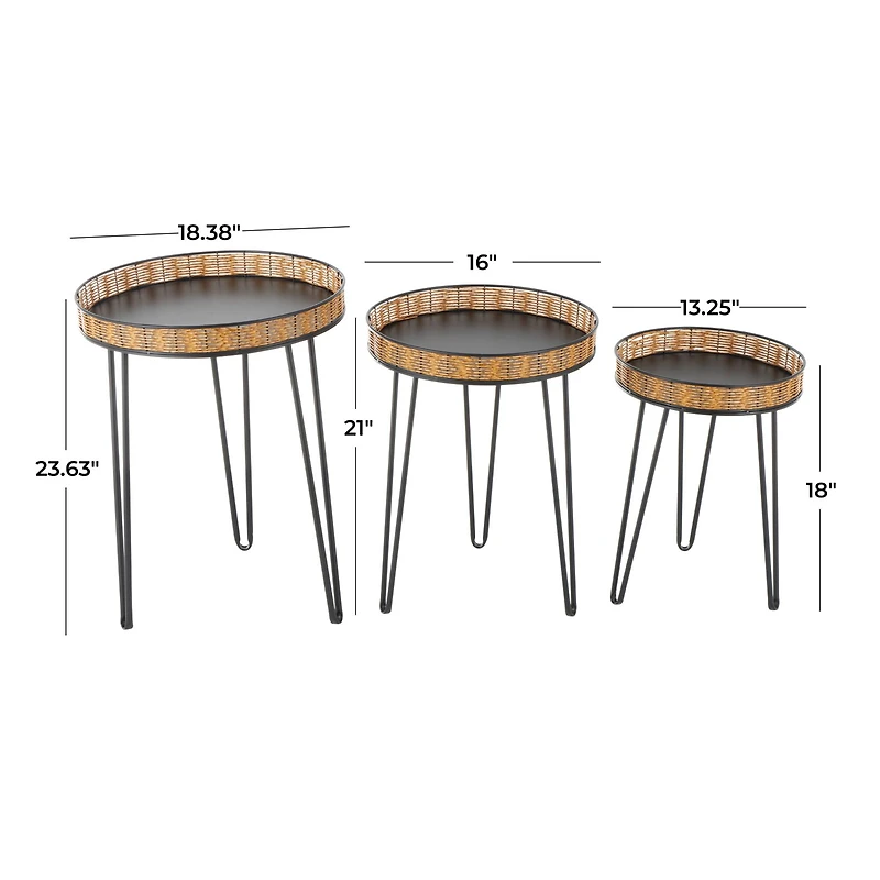 Black Metal Handmade Accent Table with Rattan Tabletop Set
