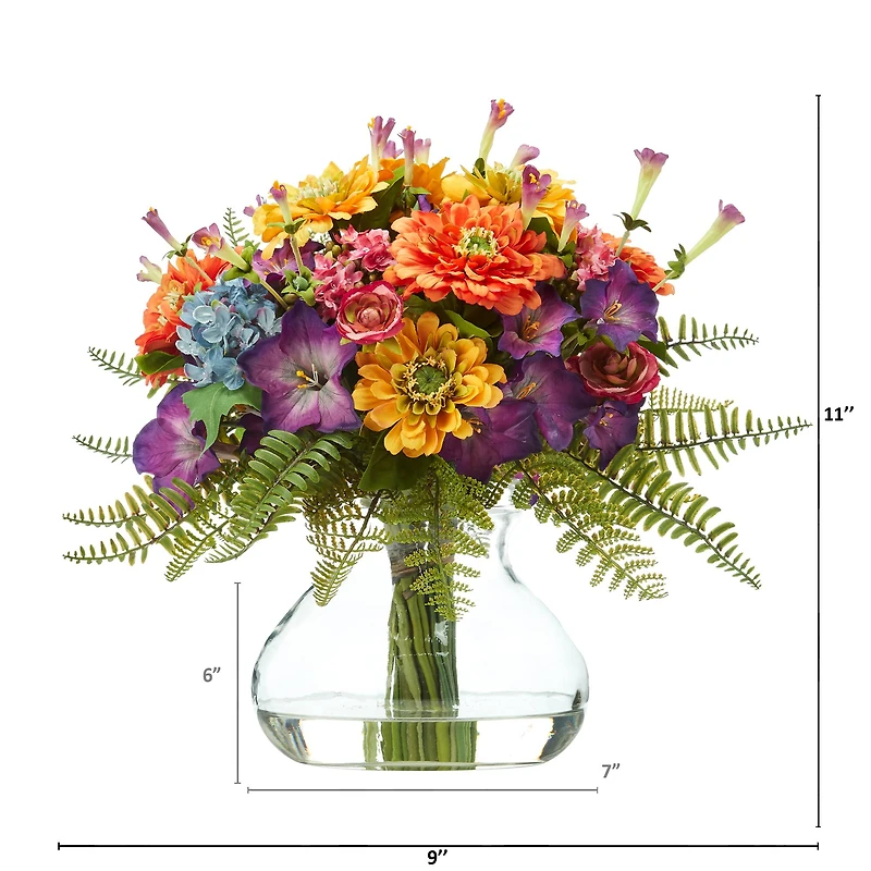 11" Mixed Flowers Artificial Arrangement in Glass Vase