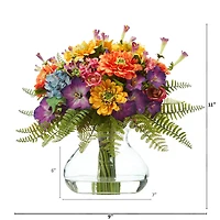 11" Mixed Flowers Artificial Arrangement in Glass Vase