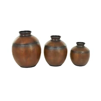 Brown Metal Antique Style Round Pot Floor Vase Set