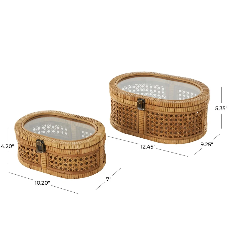 Brown Oval Rattan Storage Box Set with Pane Panels & Glass Tops