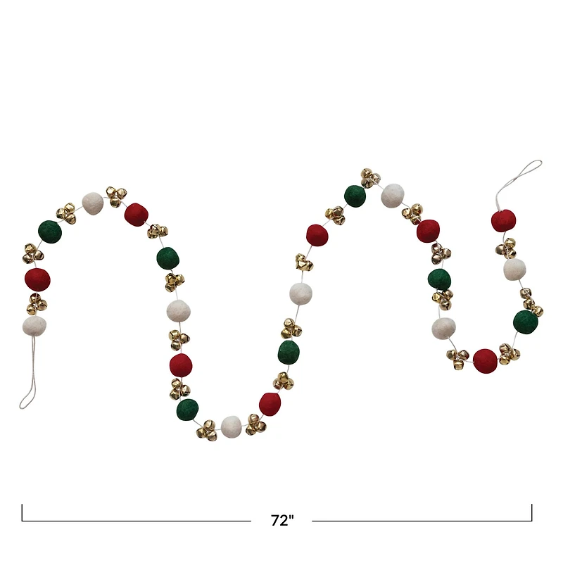 Hello Honey® 6ft. Red, Green & Cream Handmade Wool Felt Balls with Jingle Bells Garland