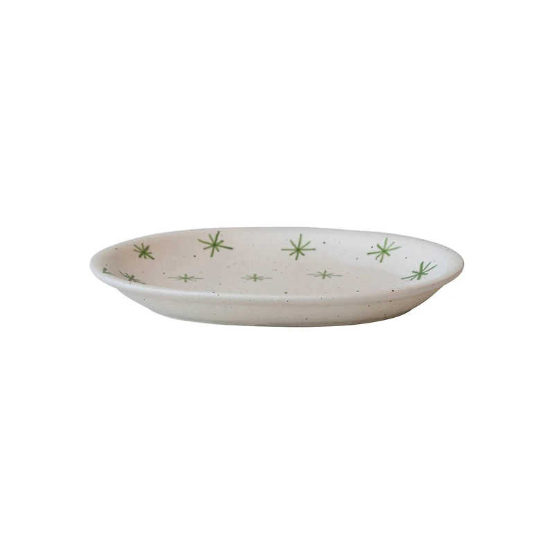 Hello Honey® 10" Cream & Green Speckled Hand-Painted Stoneware Platter with Stars