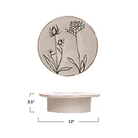 Hello Honey® 12" White & Black Round Debossed Stoneware Pedestal with Flowers & Reactive Glaze