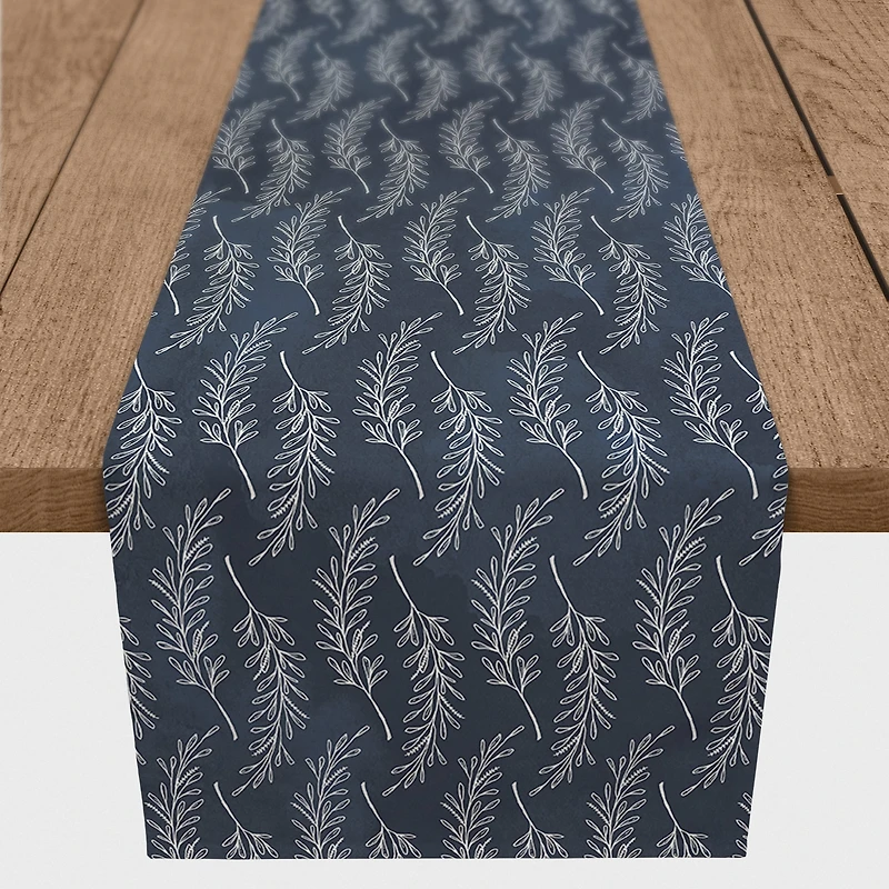 90" Navy Blue Leaf Pattern Cotton Twill Table Runner