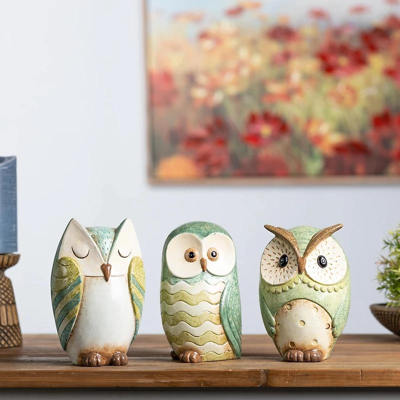 Terra Cotta Owl Figurine Set