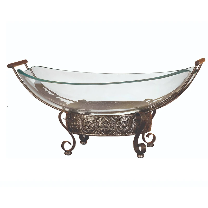 Brown Glass and Metal Traditional Serving Bowl, 10" x 23" x 14"