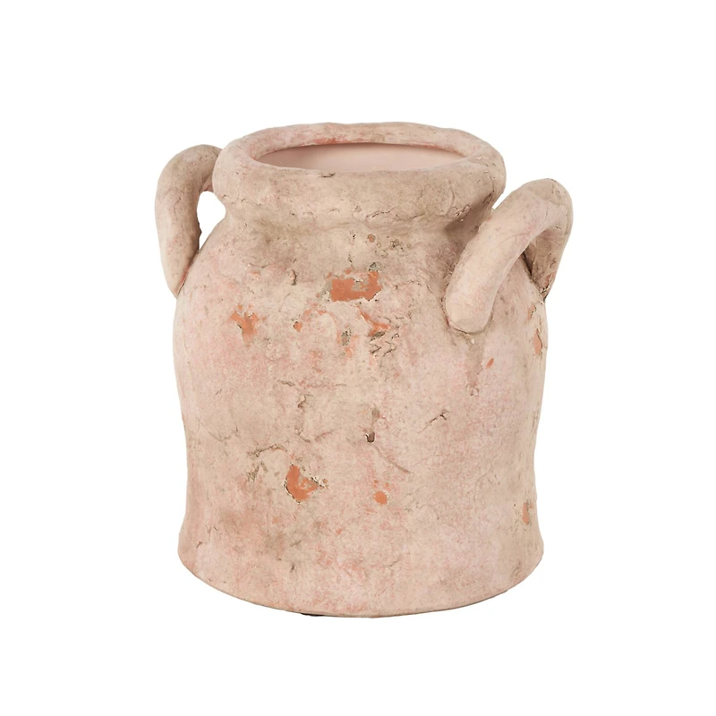 8.25" Pink Ceramic Antique Style Distressed Decorative Vase with Handles