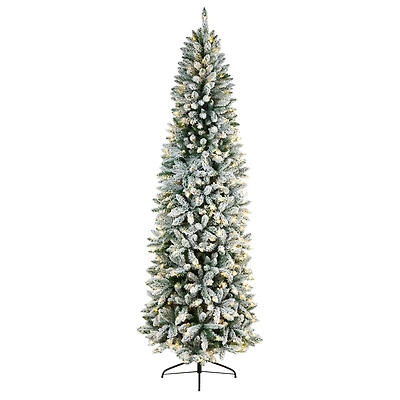 8ft. Pre-Lit Slim Flocked Montreal Fir Artificial Christmas Tree, White LED Lights