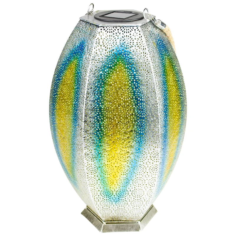 15.5" Silver Floral Outdoor Hanging Solar Lantern with Jute Handle