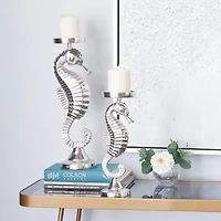 Silver Aluminum Coastal Seahorse Candle Holder Set