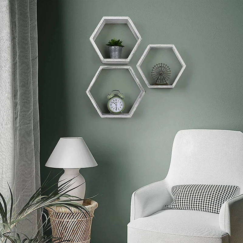 Rustic Gray Floating Hexagonal Shelf Set