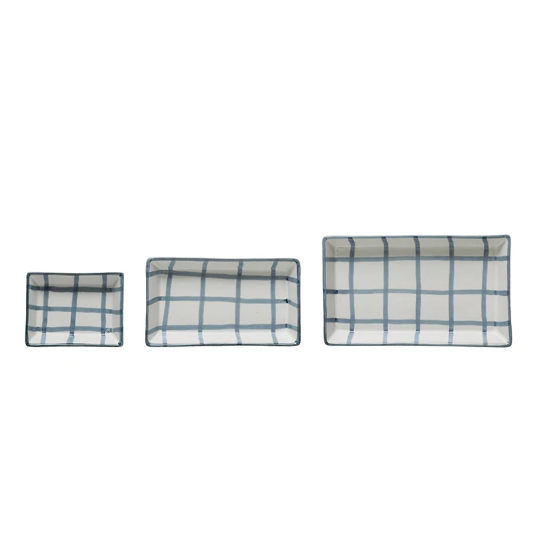 Hello Honey® Blue & White Grid Pattern Stoneware Trays Set