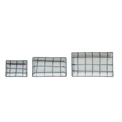 Hello Honey® Blue & White Grid Pattern Stoneware Trays Set