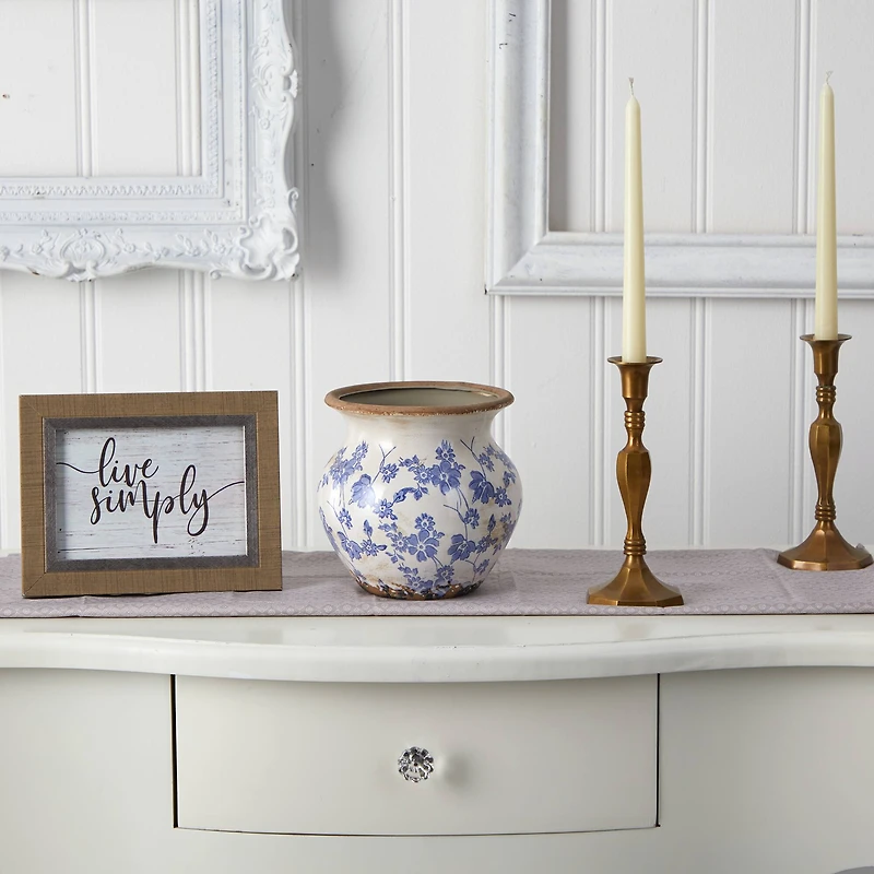 7" Tuscan Ceramic Blue Scroll Urn Vase