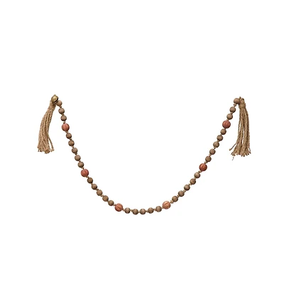 Hello Honey® 40" Paulownia Wood Beads, Jingle Bells & Jute Tassels Garland