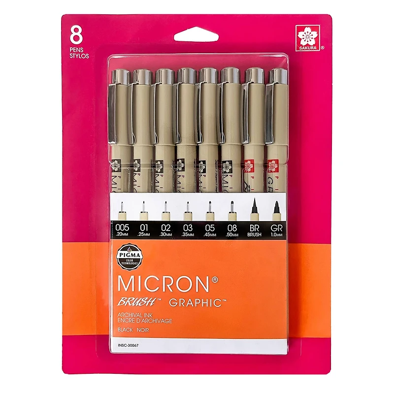 Sakura Pigma Micron Pen Set, 8-Pens, Black
