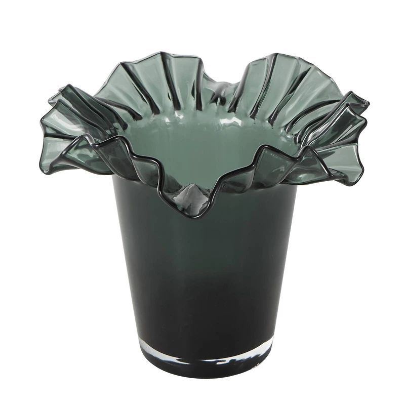 Green Glass Floral Tulip Inspired Ombre Vase with Wavy Opening