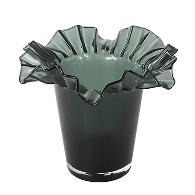 Green Glass Floral Tulip Inspired Ombre Vase with Wavy Opening