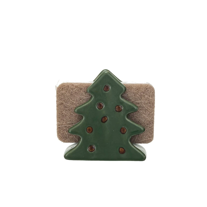 Hello Honey® 4" Green & Brown Stoneware Christmas Tree Shaped Sponge Holders with Sponge & Reactive Glaze, 2ct.