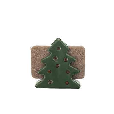 Hello Honey® 4" Green & Brown Stoneware Christmas Tree Shaped Sponge Holders with Sponge & Reactive Glaze, 2ct.