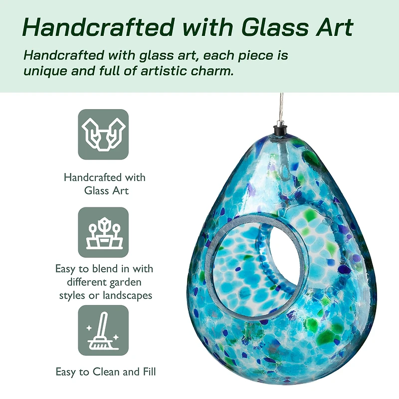 Glitzhome® 6.75" Blue Dots Glass Water Drop Hanging Bird Feeder