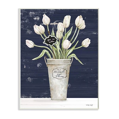 Stupell Industries Charming White Tulip Bouquet over Rustic Blue Wood Wall Plaque