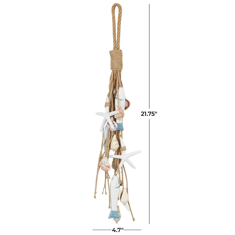 Brown Jute Rope Fish Layered Hanging Home Wall Décor with Cream Shell and Starfish Accents