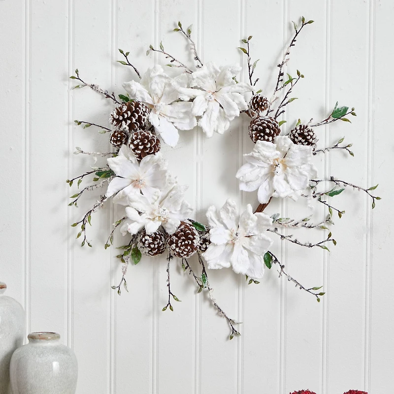 24" Snowed Magnolia & Pinecone Wreath