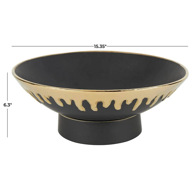 CosmoLiving by Cosmopolitan 15.25" Abstract Black with Gold Melting Drips Ceramic Decorative Bowl