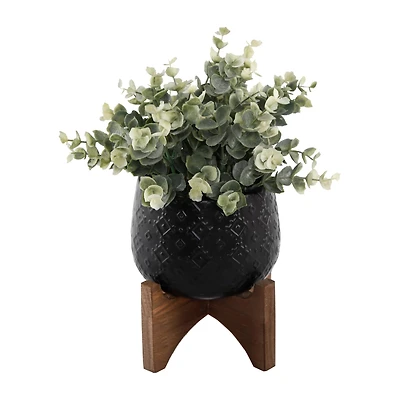 Flora Bunda® 5" Eucalyptus Matte Black Indian Ceramic Pot On Wood Stand