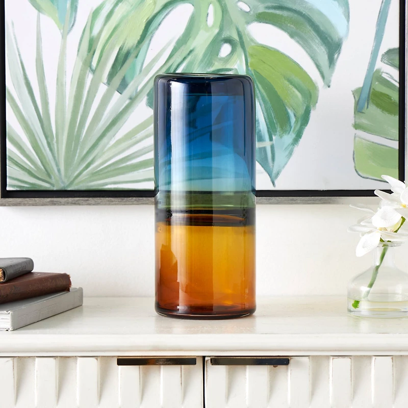 11" Blue & Yellow Ombre Cylinder Glass Vase