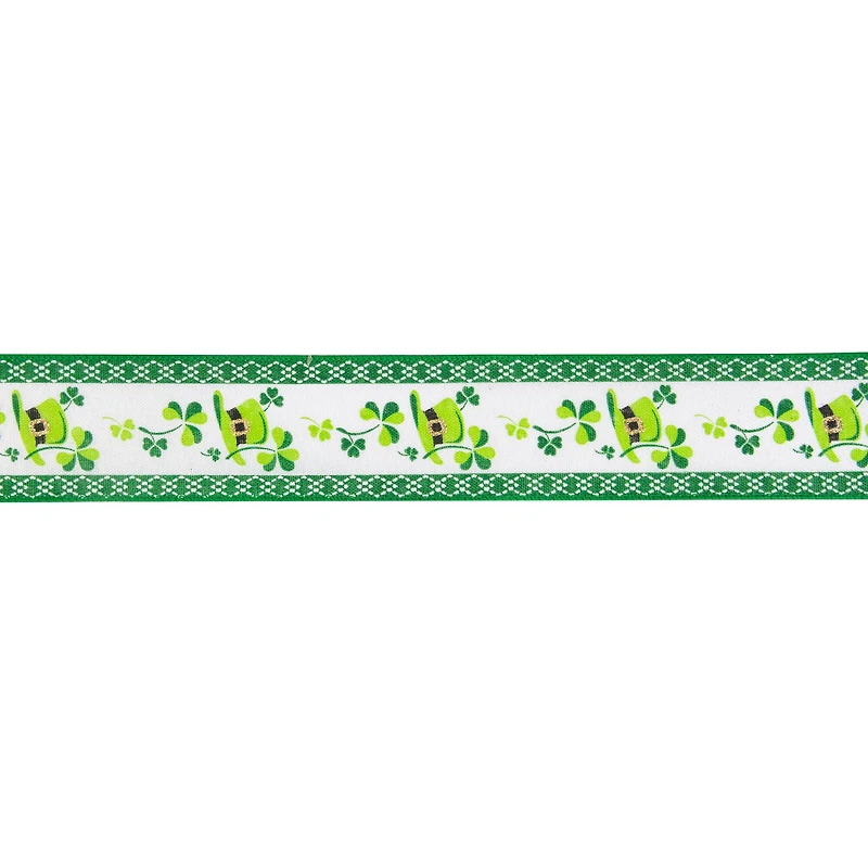 2.5" x 10yd. St. Patrick's Day Shamrock & Hat Wired Spring Craft Ribbon