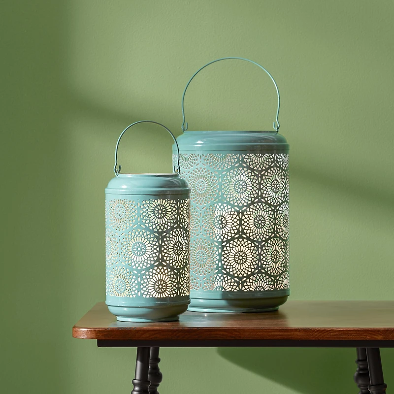 Green Punched Metal Lantern Candle Holder Set