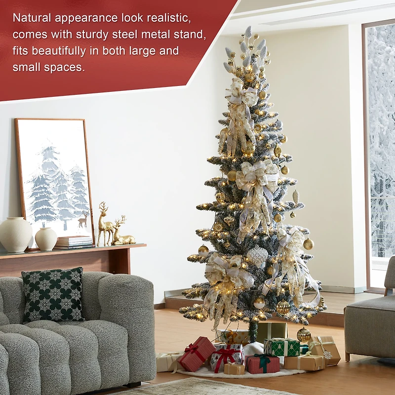 7.5ft. Pre-Lit Flocked Slim Spruce Artificial Christmas Tree, Warm White LED Lights