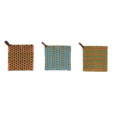 Hello Honey® Multi-Tone Cotton Crocheted Pot Holders with Leather Loop Set