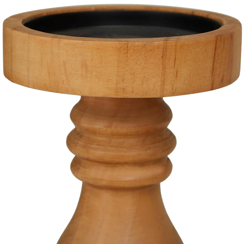 The Novogratz Brown Wood Round Turned Style Pillar Candle Holder Set