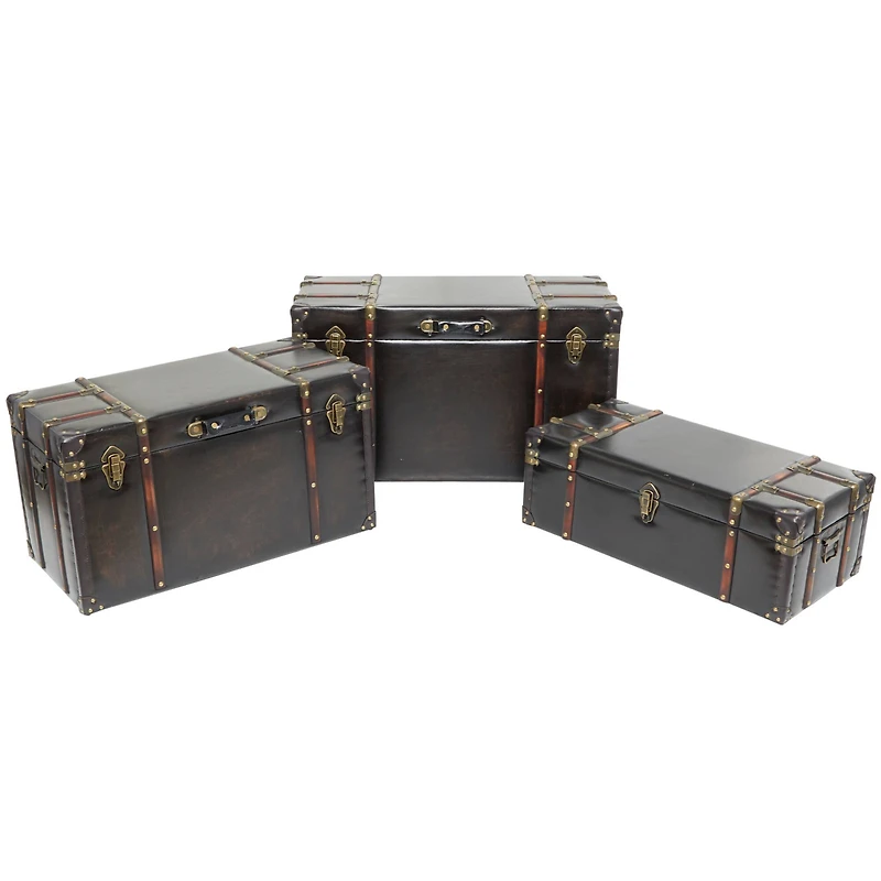Dark Brown Faux Leather Studded Trunk with Latches & Handles Set